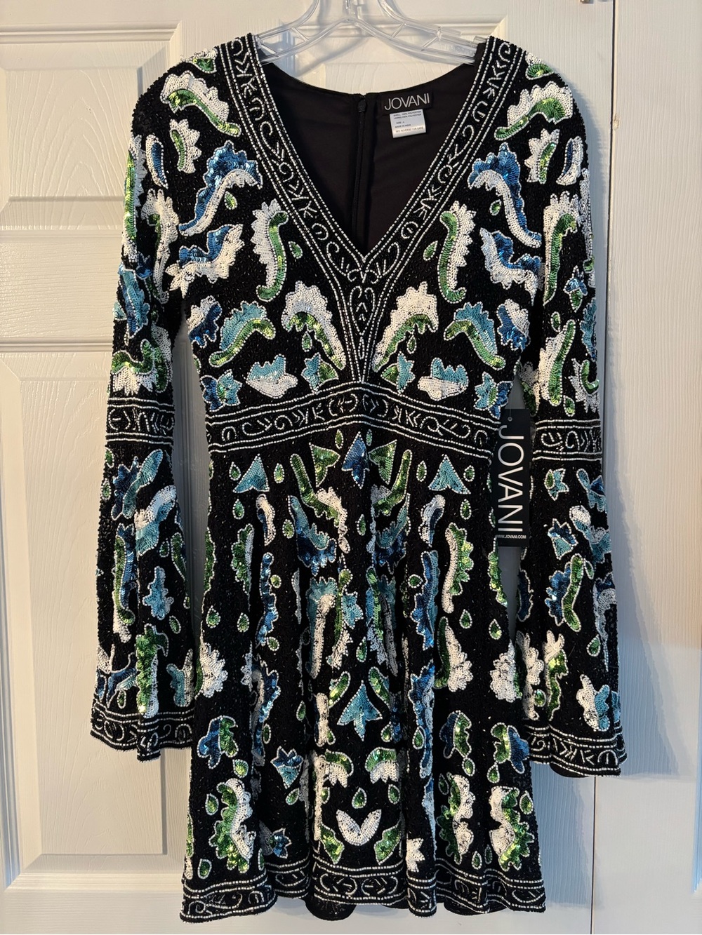 Jovani Black Long Sleeve Beaded Mini Dress with Blue, Green & White Embroidery